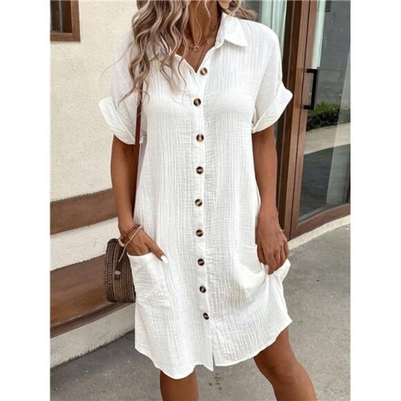 Casual Button Down Cotton Shirt Dress with Pockets - Picture 2 of 15